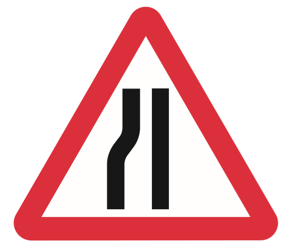Road narrows on left hand side ahead